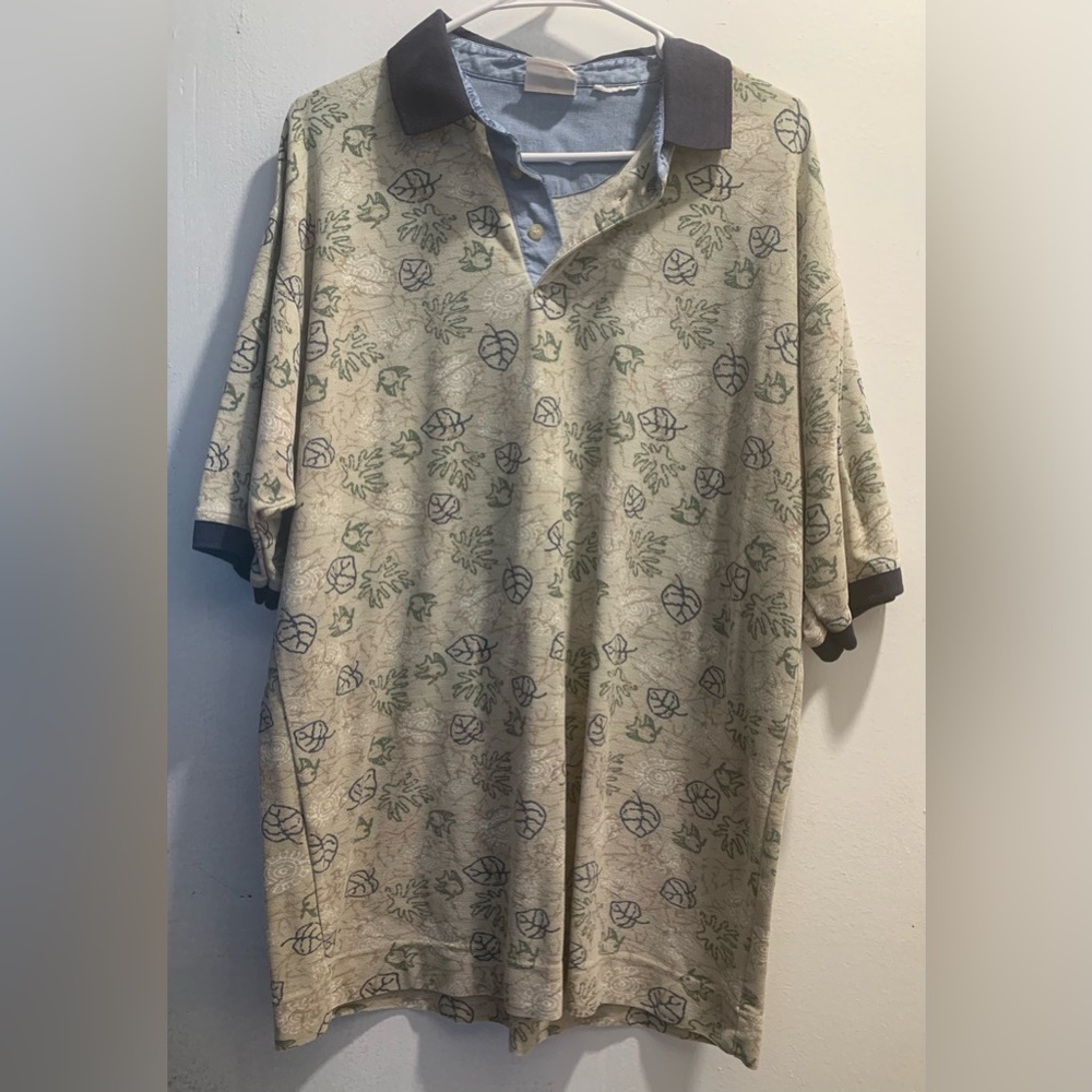 Vintage Bugle Boy Company Leaf Pattern Collar Polo Shirt Large